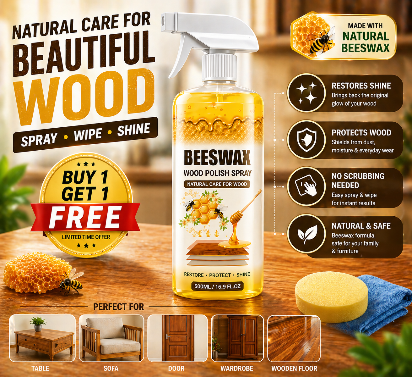 Beeswax Wood Polish Spray | Restore Shine , Protect Furniture | BUY 1 GET 1 FREE